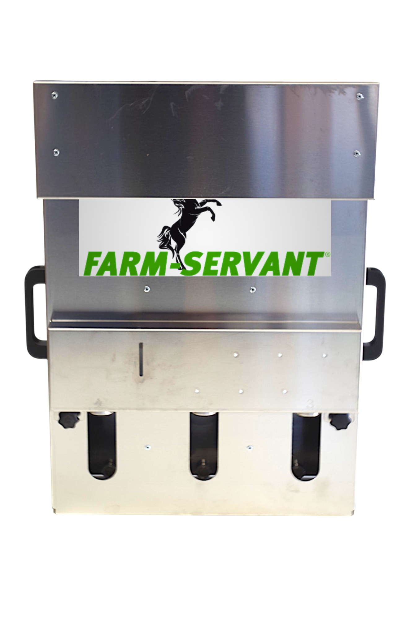 Hochwertiger Futterautomat aus Edelstahl mit drei Futterschächten.